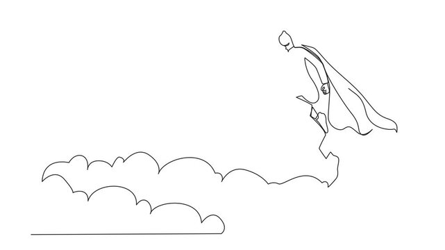 Animated self drawing of continuous one line drawing super Arabian businessman flying up from cloud. Business leadership. Business finance success concept. Creative idea. Full length animation