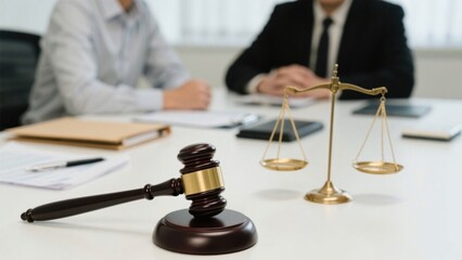 in front of a table with legal items like a gavel and a balance scale, two people in a light - colored shirt and a dark suit respectively, one is writing and the other has folded hands, conveying a pr