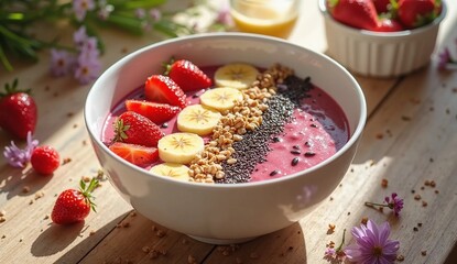 A vibrant, colorful smoothie bowl topped with sliced strawberries, bananas, chia seeds, granola, and edible flowers, arranged neatly in a white ceramic bowl on a wooden table