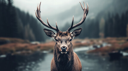 Naklejka premium Deer in forest. Wild red deer in nature at sunset