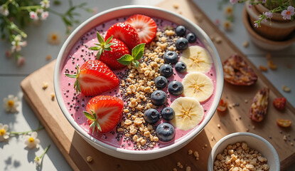 A colorful smoothie bowl with sliced strawberries, banana, chia seeds, and granola in a white ceramic bowl on a wooden table. yop view and aesthetic. AI generated