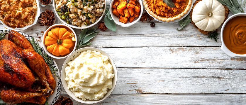 Traditional thanksgiving dinner spread with roasted turkey mashed potatoes and pumpkin pie