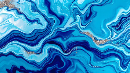 Obraz premium Elegant Blue Fluid Art Background with Shimmering Silver Glitter Accents