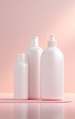 Three white plastic bottles, different sizes, on a pink surface