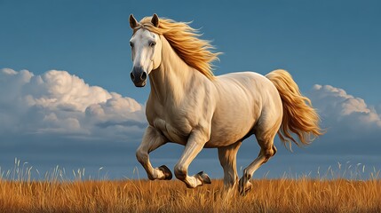 Majestic white horse galloping through a golden field under a cloudy sky
