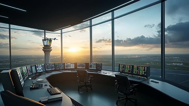 Modern airport control tower interior at sunset, showcasing technology and panoramic views outside