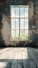 Looking Through Window at Sky From Rustic Room Interior