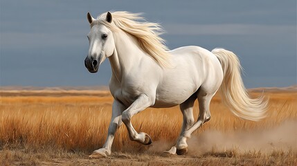 Majestic white horse galloping through a golden field under a cloudy sky