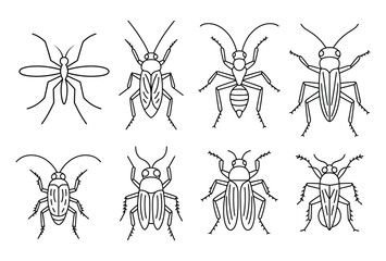 Hand-Drawn Insect Outlines: Mosquito, Cockroach, Ant, and Beetle Bug Icons Set

