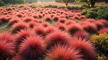 Lush field of vibrant red grass clumps.