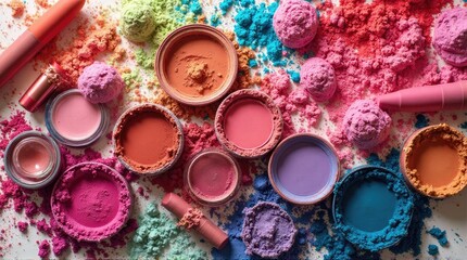 Colorful makeup powder and blushes scattered on a white surface.