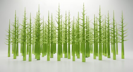 A serene grove of luminous green glass trees stands tall on a reflective surface, embodying the Random Forest Algorithm as a living sculpture.