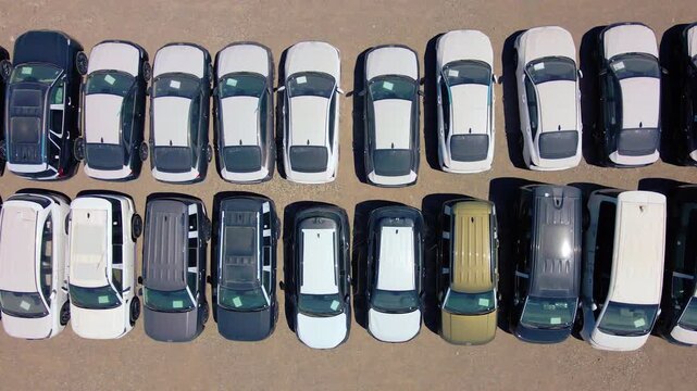 Almaty, Kazakhstan - July 03, 2025: Two rows of new Hyundai cars in a parking lot