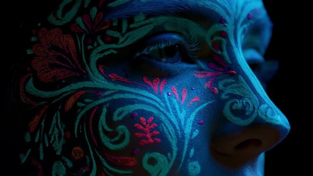 A profile view of a female face artistically illuminated with luminous shades of turquoise and fuchsia cascading across her cheekbones and nose showcasing intricate designs that celebrate
