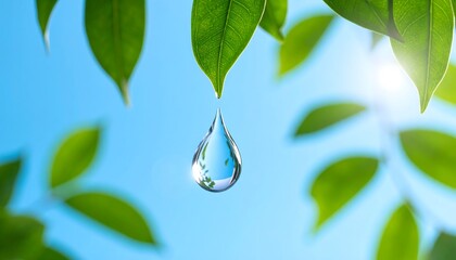 Water drop hanging from leaves against a bright blue sky
