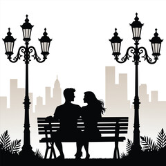 Couple on bench under lampposts with city skyline sitting
