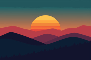 Sun sets over a breathtaking mountain landscape, painting the sky with a vibrant blend of orange and red