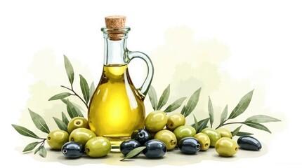 Fresh olives and olive oil in a decorative arrangement.