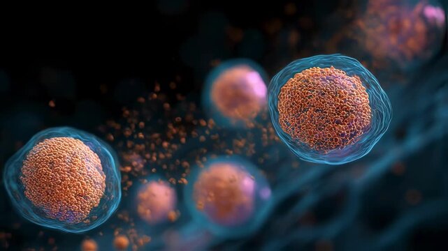 A dynamic animation showing extracellular vesicles being released from a cell in response to a specific stimulus.