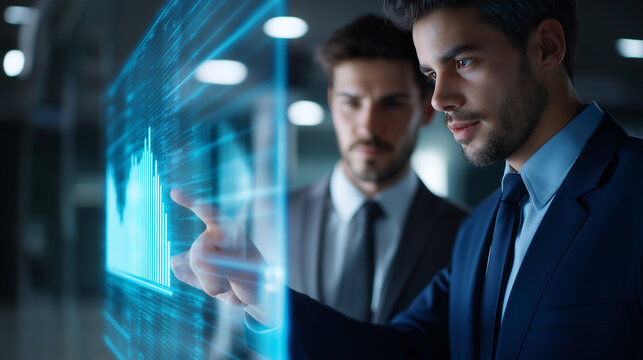 Business professionals reviewing transparent touchscreen financial data in a sleek corporate environment, emphasizing digital transformation, teamwork, analytics, and technology in modern environment - Powered by Adobe