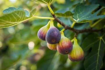Close-Up Of Ripe Figs On Sunlit Branch