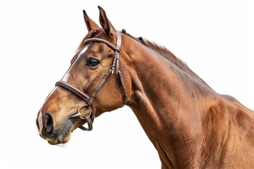 Fototapeta premium Close-up of brown horse head with bridle, clean white background.