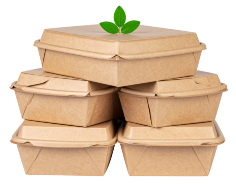 Stack of biodegradable food containers with green leaf imprint, isolated on a transparent background