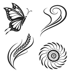 Elegant Black and White Nature Design Elements: Butterfly, Wheat, Swirls, and Floral Mandala.