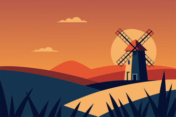 Obraz premium An old Dutch windmill stands tall against a vibrant blue sky as the sun sets over the European