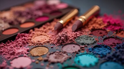 Colorful eyeshadow and makeup palette with scattered powder.
