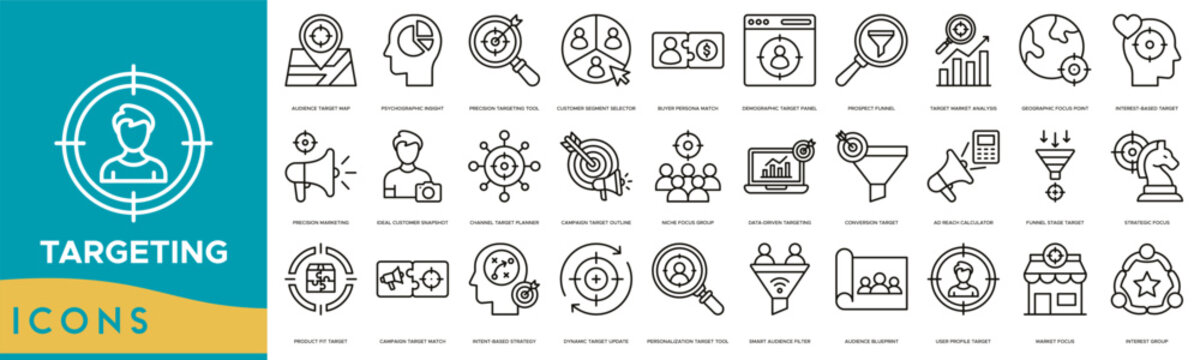 Targeting icon set. Audience Target Map, Psychographic Insight, Precision Targeting Tool, Customer Segment Selector, Buyer Persona Match and Demographic Target Panel