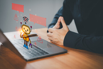 AI technology and cybersecurity displayed on a laptop screen with warning icons and no Wi-Fi signal, symbolizing internet failure or AI communication errors in a fun and creative digital concept.