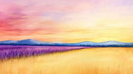 Naklejka premium Beautiful Landscape of Lavender Fields Under Colorful Sky at Sunset with Rolling Hills in the Background