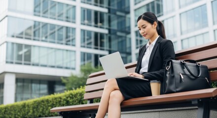 Fototapeta premium Professional Woman Working on Laptop Urban Park Business Content Modern Environment Side View Focused on Career Development