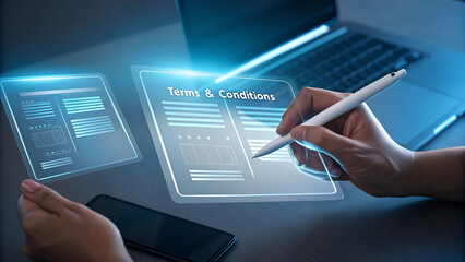 Person using stylus to sign digital terms and conditions on a futuristic transparent screen