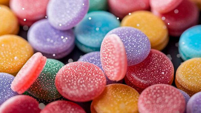 Colorful round hard candies with a dusting of sugar coating are closely arranged in a vibrant display.