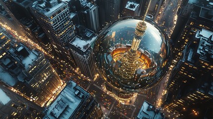 Urban winter night cityscape with modern sphere structure
