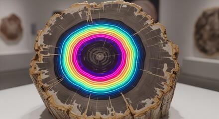Vibrant rainbow-colored rings glow within a cross-section of a petrified tree trunk, symbolizing digital data embedded in natural fossil formations, merging ancient with modern information.