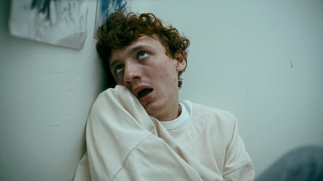 Disoriented patient in straitjacket leaning against wall, staring at abstract drawings during psychotic episode in mental hospital ward with flashing light