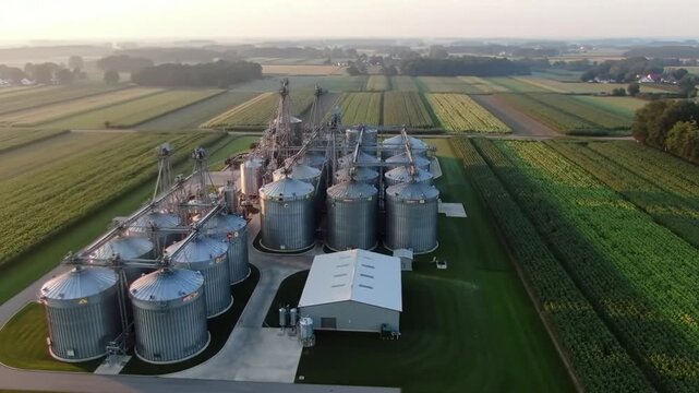 An aerial shot of a large complex of grain silos surrounded by vast agricultural fields under the soft light of sunrise, representing modern farming and food storage.