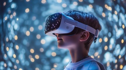 Young boy immersed in a captivating virtual reality experience with glowing lights