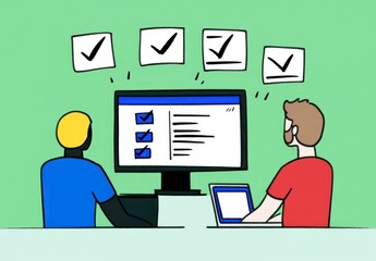 Fototapeta premium Two People Completing Task on Computer with Check Marks Displayed