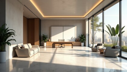 Fototapeta premium Grand modern office with long wooden desk comfortable seating and panoramic city views