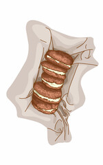 Chocolate cookie with cream on Tablecloth. Picnic food supplies