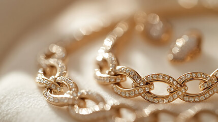 Close-up macro shot of intricate handmade gold necklace links with a blurred earring set in the background, all resting on off-white velvet