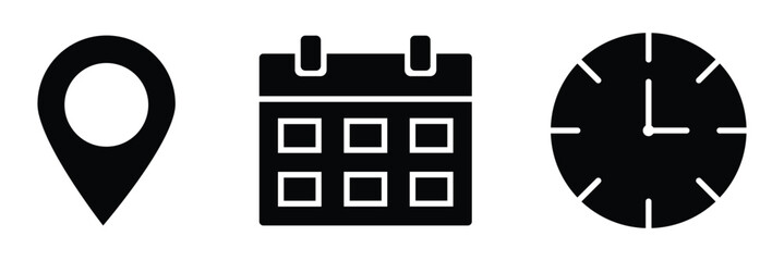 Time, date, location or place icons symbol. Time, date and address icon.