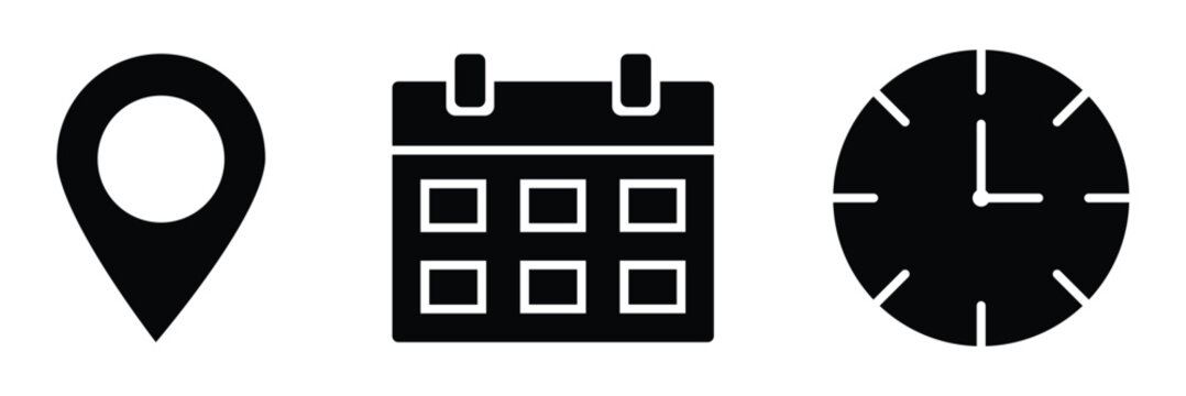Time, date, location or place icons symbol. Time, date and address icon.