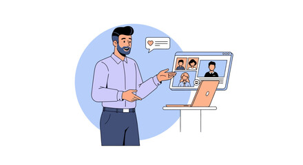 Man Presenting Video Conference on Laptop Vector Illustration.