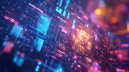 A computer chip is the center of a cityscape. The chip is surrounded by a network of wires and circuits, and it is surrounded by a city of buildings and vehicles. Concept of technology and innovation