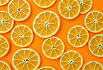 Obraz premium Vibrant orange slices seamlessly arranged on an orange background, creating a zesty citrus pattern, seamless, wallpaper